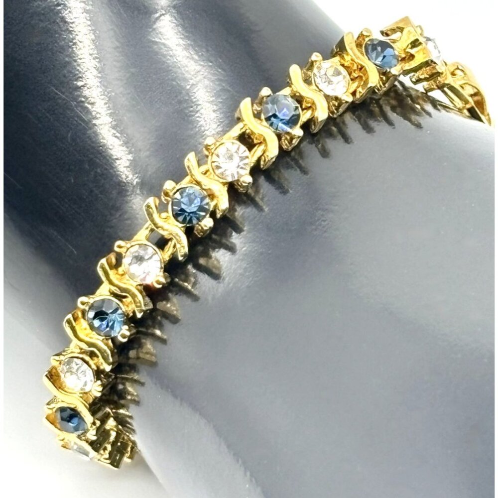Vintage Gold Tone Metal and Faux Sapphire Faux Diamond Tennis Style Bracelet 80s - Picture 2 of 13